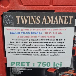 Mașina de găurit şi inșurubat fárá fir Einhell TE-CD 18 14 40-1 Li